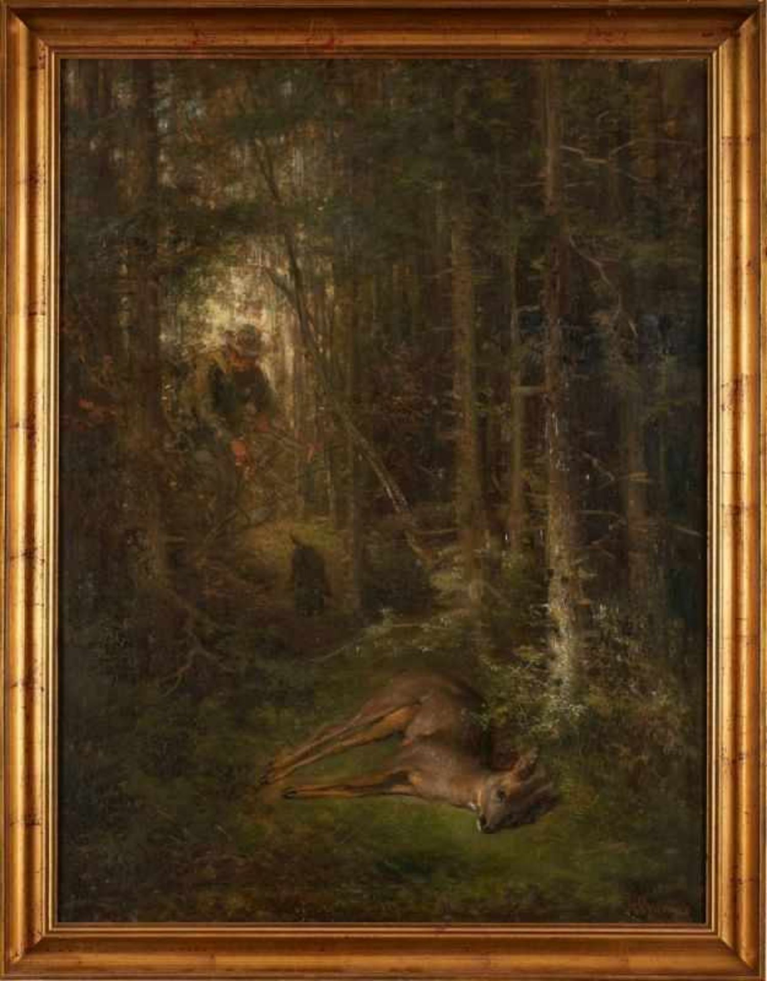 Gemälde Anton Burger 1824 Frankfurt - 1905 Kronberg "Jäger mit Hund im Unterholz" u. re. sign. A.