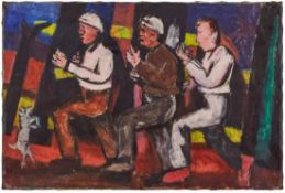 Gemälde Karl Tratt 1900 Sindlingen - 1937 Frankfurt "Drei Männer mit Hund" um 1933 Verso auf dem