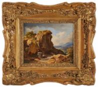 Gemälde Landschaftsmaler 19. Jh. "Italienische Gebirgslandschaft mit Bauern" Öl/Lwd., 13,7 x 16,5