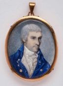 Miniatur Herr in blauem Rock, wohl England um 1810. Gouche auf Elfenbein. Hoch-ov. Brustbild eines