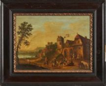 Gemälde Genremaler um 1800 "Vor dem Wirtshaus" Öl/Lwd., 38 x 53 cm, Def.