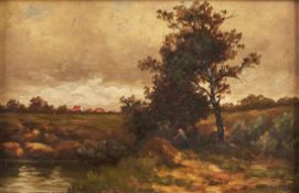 Kl. Gemälde sign. W. Anders Landschafts- u. Genremaler 19.Jh "Bäuerin am Teich" u. re. sign. W.