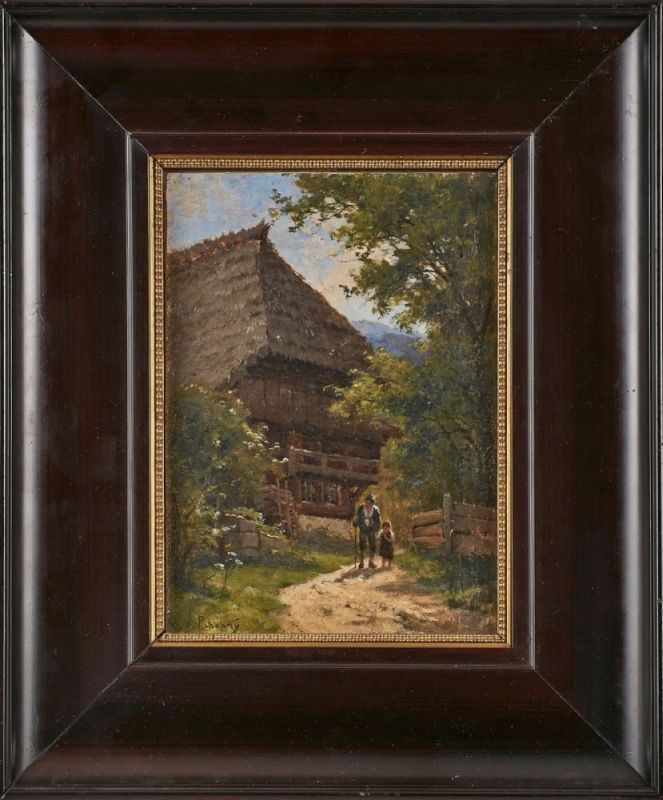 Gemälde Victor Puhonny 1838 Prag - 1909 Baden Baden "Schwarzwaldhof mit figürlicher Staffage" u. li.
