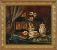 Gemälde Stillebenmaler um 1920 "Tischstilleben mit Kaffeegedeck, Rosen, Fächer und Schlüssel" Öl/