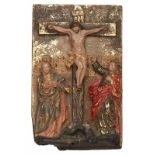 Kl. Holzrelief Italien 17. Jh. "Kreuzigungsszene" Lindenholz geschnitzt, farbig gefasst und