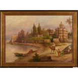 Gemälde Orientalist um 1900 "Blick auf eine orientalische Küstenstadt" Öl/Lwd.(doubl.), 70 x 101 cm