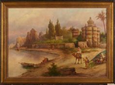 Gemälde Orientalist um 1900 "Blick auf eine orientalische Küstenstadt" Öl/Lwd.(doubl.), 70 x 101 cm
