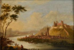 Gemälde Maler d. Dresdner Schule um 1800 "Blick über die Elbe auf Pirna mit Schloß Sonnenstein,
