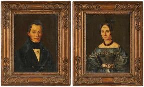Paar Gemälde Bildnismaler 19. Jh. "Bildnisse eines Ehepaares" Öl/Lwd., 28 x 21,2 cm, in orig. Rahmen