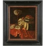 Gemälde Stillebenmaler 17. Jh. "Tischstilleben mit Nautiluspokal, Muscheln, Käselaib und einer Maus"