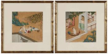 2 Seidenmalereien Japan wohl 19.Jh "Shunga" je 18,3 x 18,3 cm (PP- Ausschnitt)