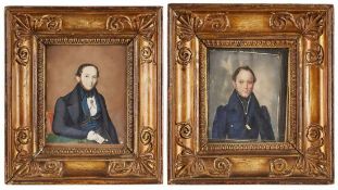 Paar Pastelle Bildnismaler 19. Jh. "Herrenbildnisse" je ca. 15 x 12 cm in orig. Rahmen der Zeit, kl.