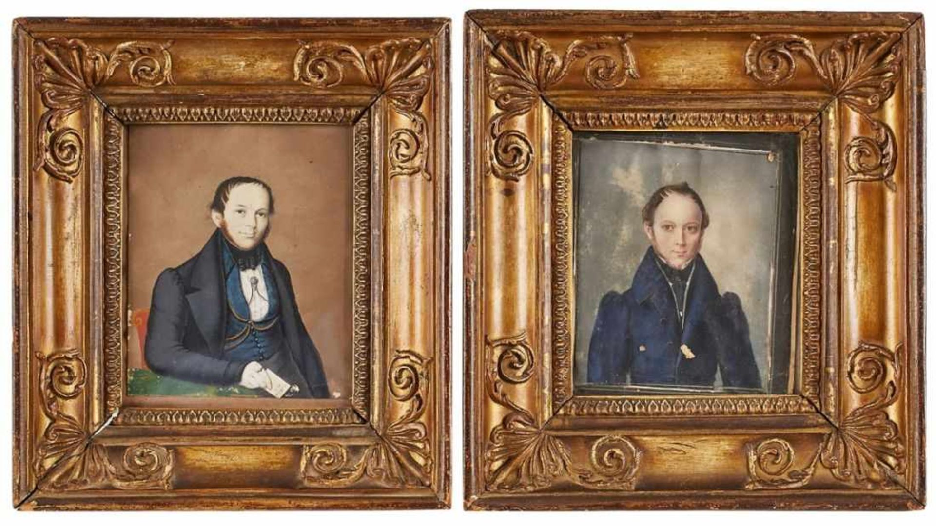 Paar Pastelle Bildnismaler 19. Jh. "Herrenbildnisse" je ca. 15 x 12 cm in orig. Rahmen der Zeit, kl.