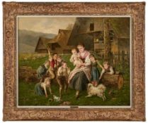 Gemälde Fritz Beinke 1842 Düsseldorf - 1907 Düsseldorf "Spielende Kinder vor einem Bauernhof" u. re.