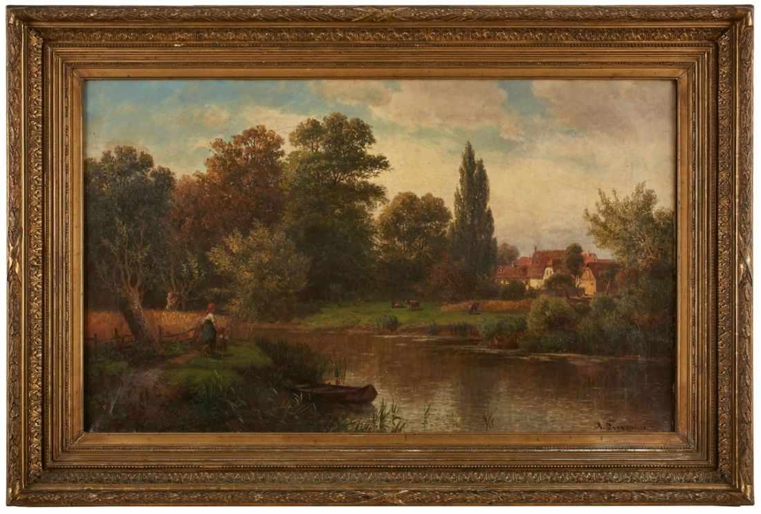 Gemälde Richard Fresenius 1844 Frankfurt - 1903 Monaco "Die Nidda mit dem Mühlenhofgut Hausen" u.