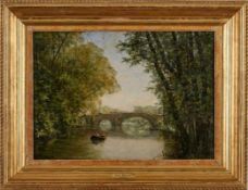 Gemälde Eugene Decon 1829 Paris - 1894 Paris "Flußlandschaft bei Barhizon mit Steinbrücke,