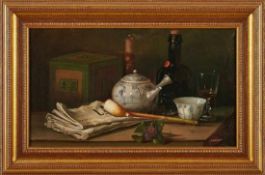 Gemälde Stillebenmaler um 1900 "Tischstilleben mit asiatischem Porzellan, Pfeife und Tageszeitung"