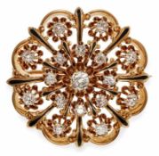 Rosettenbrosche um 1890 GG mit Altschliff-Diamanten, emailliert (minimale Defekte) 16 g, D 3,2cm