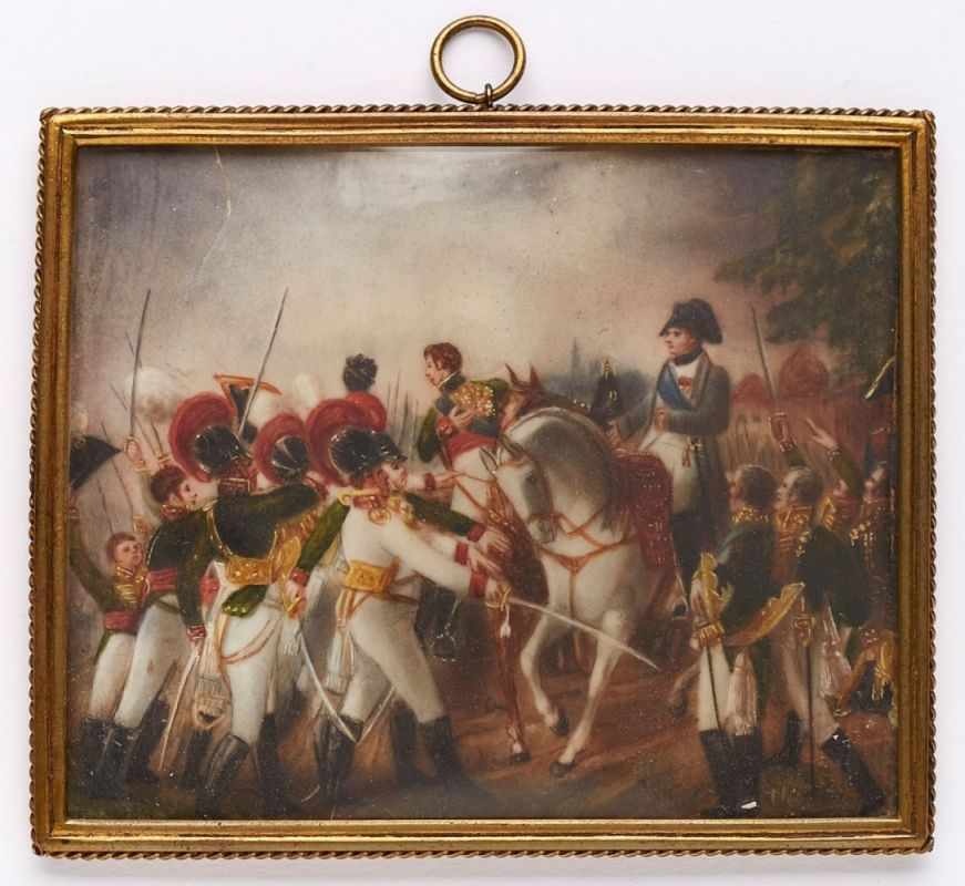 Miniatur Napoleon vor seiner Garde, 19. Jh. Gouache auf Elfenbein. Quer-rechteckige, vielfigurige