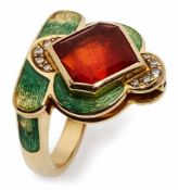 Ring Jens Uwe Zimmermann für Otto Klein, Hanau 18 kt GG, grün emailliert mit einem orangeroten