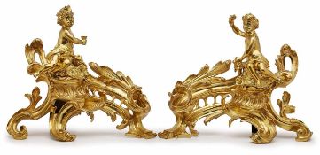 Paar Kaminböcke, Louis XV.-Stil, Frankreich um 1850. Bronze vergoldet. Je reicher, duchbrochen