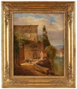 Gemälde Landschafts- u. Architekturmaler 19. Jh. "Abendstimmung an einem italienischen See" Öl/Lwd.,