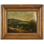 Gemälde Landschaftsmaler wohl um 1700 "Flusslandschaft mit Staffage" Öl/Holz, 24 x 32 cm