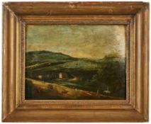 Gemälde Landschaftsmaler wohl um 1700 "Flusslandschaft mit Staffage" Öl/Holz, 24 x 32 cm
