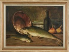 Gemälde Théodore Lévigne 1848 Noirétable - 1912 Lyon "Stilleben mit Fischen" u. re. sign. Theodore