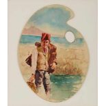 Aquarell Genremaler um 1900 "Italienischer Fischer vor dem Vesuv" verso alt bezeichnet. 16 x 11,4