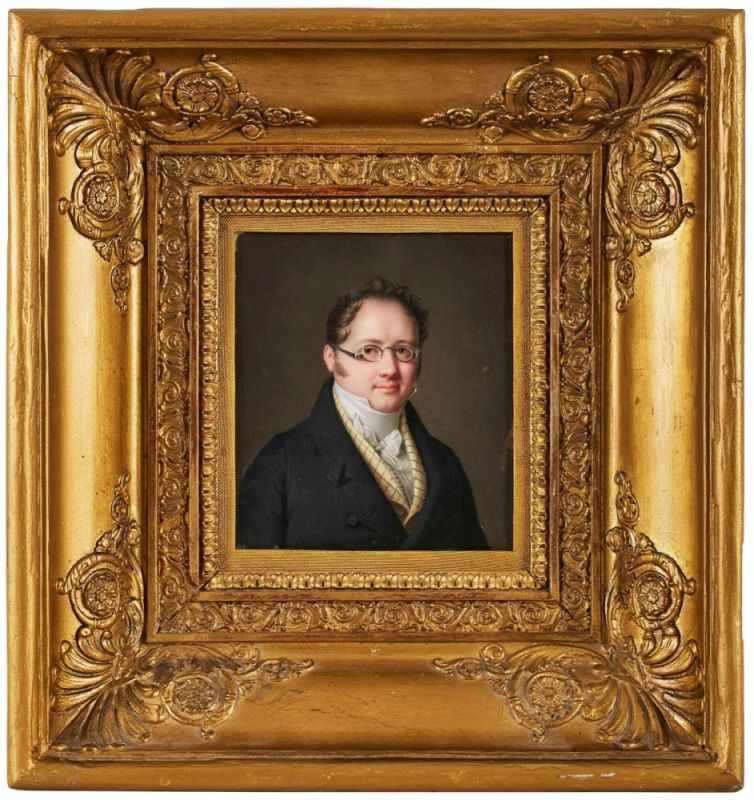 Miniatur "Junger Herr mit Brille", um 1830. Gouache auf Elfenbein. Rechteckiges Brust- portrait