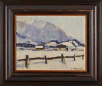 Gemälde sign. J. Ackermann "Verschneites Tal mit Blick auf die Berge" u. re. sign. J.Ackermann Öl/