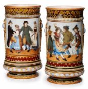 Paar zylindr. Vasen, Mettlach Ende 19. Jh. Sog. "Chromolith-Ware" aus versch. farbigen Massen m.