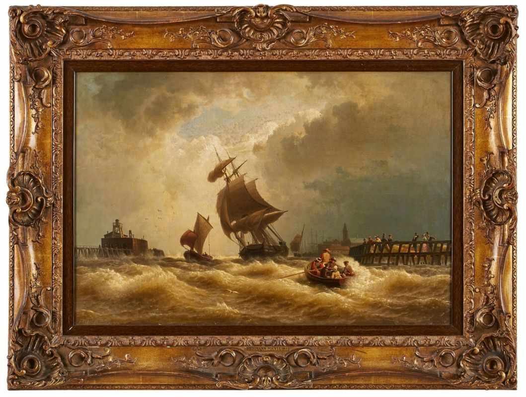 Gemälde Hermann Mevius 1820 Breslau - 1864 Düsseldorf "Hafenmündung von Ostende" u. li. sign. u.