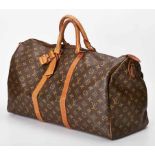 Reisetasche Louis Vuitton Keepall 50 Monogram Canvas. Gummiertes Baumwollgewebe mit Leder u.