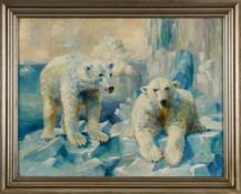 Gemälde sign. KischTiermaler um 1930 "Zwei Eisbären" u. li. sign. u. dat. Kisch 1932 Öl/Karton, 77 x