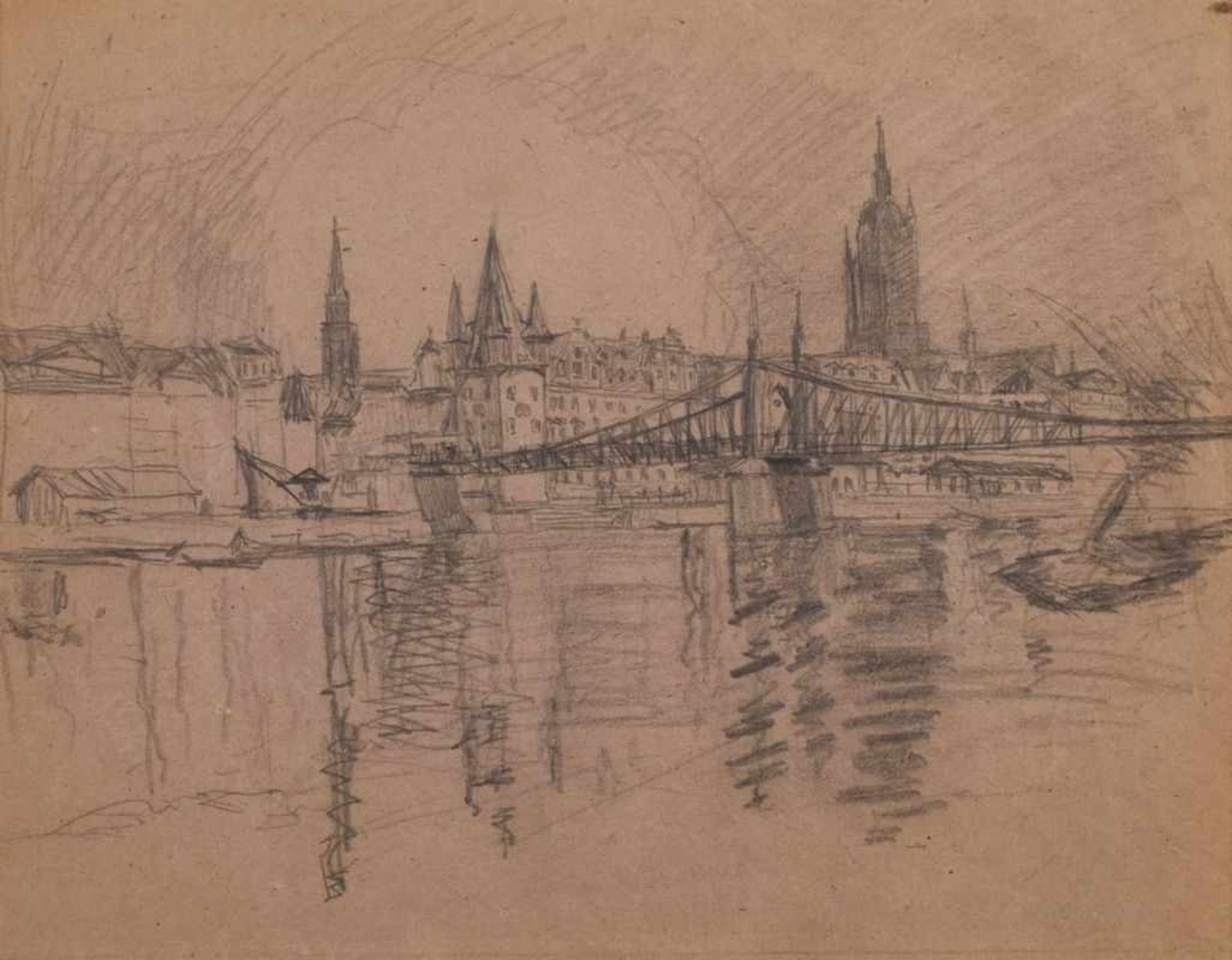Bleistiftzeichnung Franziska Redelsheimer1873 Nürnberg - 1913 Edenkoben "Blick über den Main auf den