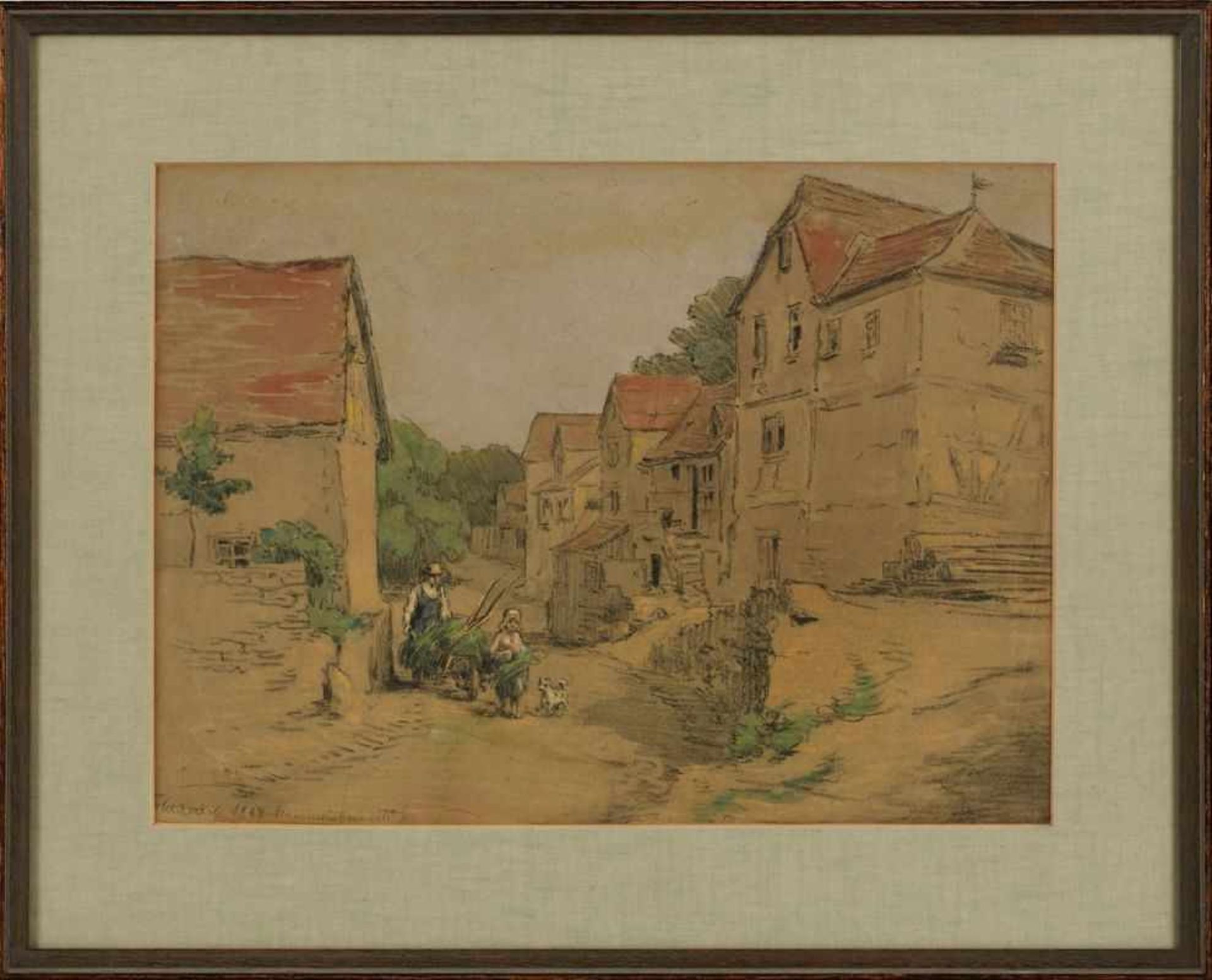 Kolorierte KohlezeichnungFritz Wucherer 1873 Basel - 1948 Kronberg "Straßenszene in Mammolshain"