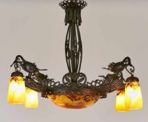 Gr. Jugendstil-Deckenlampe, Daum Nancy,Frankreich um 1900. Schmiedeeiserne durchbrochene ornamentale