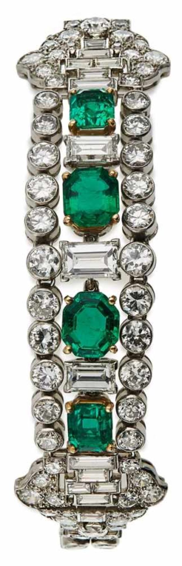 Diamant-Smaragd-ArmbandCartier London um 1930 Platin. Mittelteil besetzt mit 4 Smaragden, 15 - Image 2 of 2