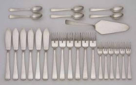 Fisch- und Dessertbesteck für 6 Pers.,Art Deco, Koch & Bergfeld um 1925. 800er Silber. Flacher,