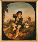 Gemälde Niederlande um 1870Genremaler des 19.Jhd. "Der junge Landstreicher" Öl/Lwd. auf Karton, 93 x