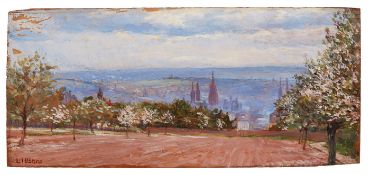 Gemälde Sign. Louis HöhnsLandschaftsmaler um 1910. "Blick auf Wiesbaden vom Hof Geisberg" u. li.