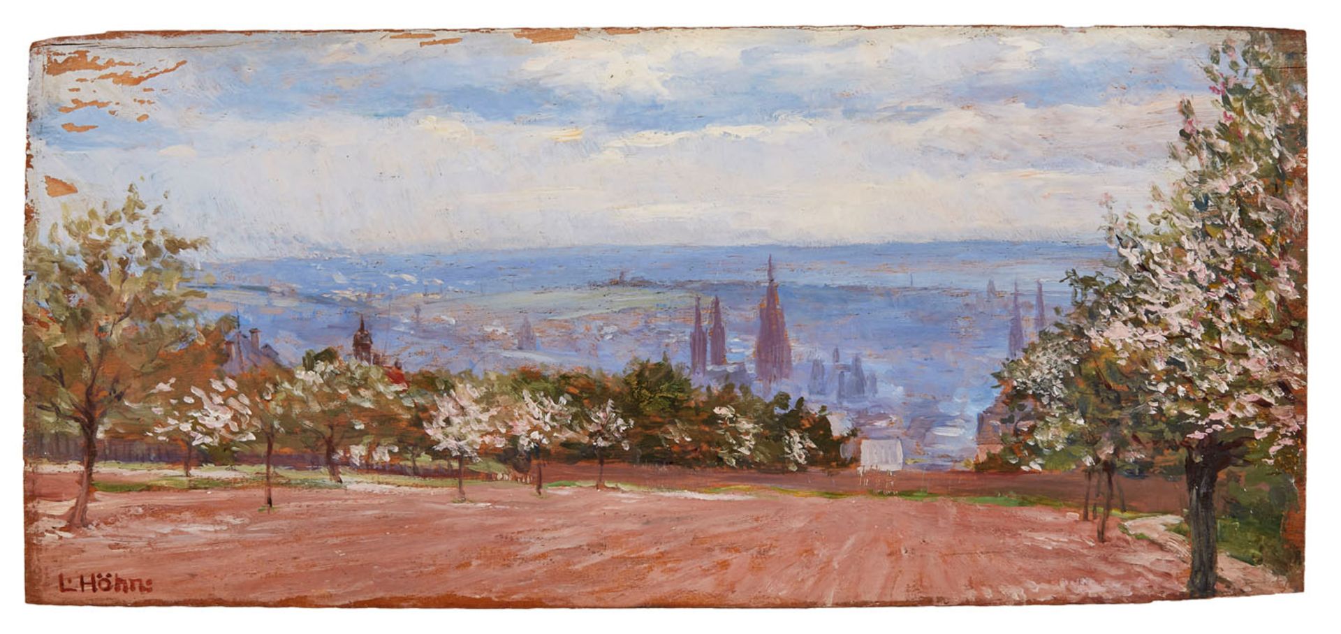 Gemälde Sign. Louis HöhnsLandschaftsmaler um 1910. "Blick auf Wiesbaden vom Hof Geisberg" u. li.
