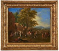Gemälde Genremaler 17./18. Jh."Buntes Treiben am Dorfrand" Öl/Holz (Eichentafel), 25 x 30,5 cm