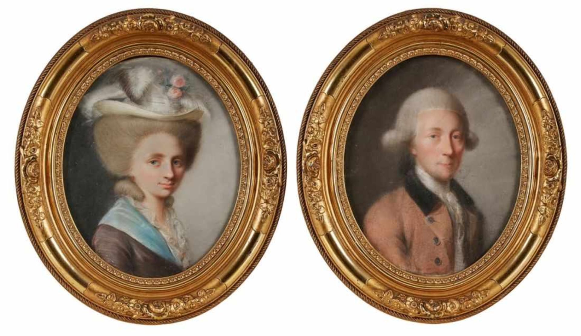 Paar Pastelle Bildnismaler 18. Jh"Portraits eines Ehepaares" verso auf einem Klebezettel bezeichnet: