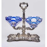 Menagenständer Biedermeier, Silber mit 2 blauen Glasschalen