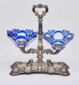 Menagenständer Biedermeier, Silber mit 2 blauen Glasschalen