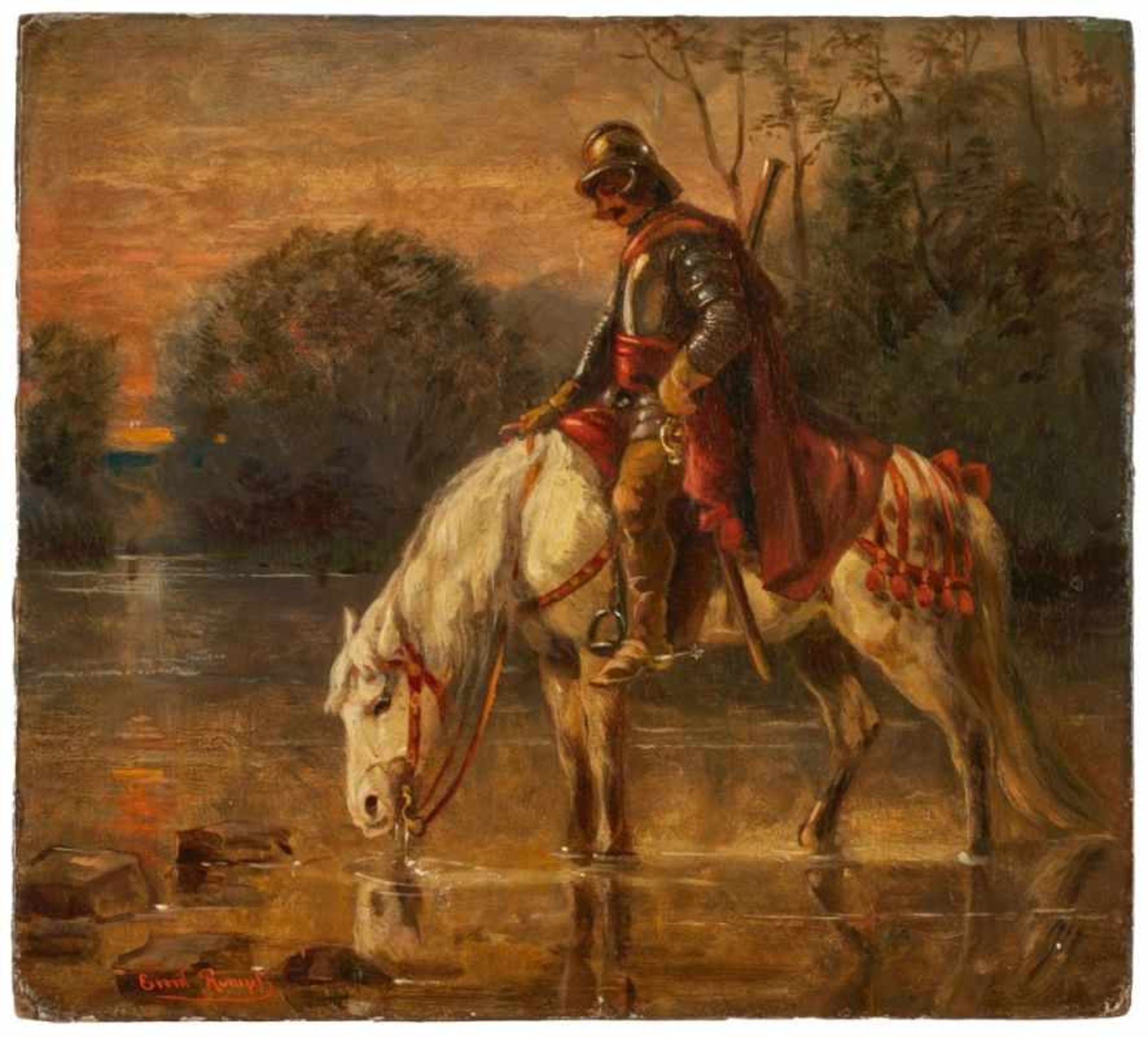 Gemälde Emil Rumpf1860 Frankfurt - 1948 Frankfurt "Kavallerist mit seinem Schimmel an der Tränke" u.