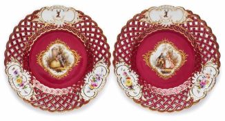 Paar Teller mit Durchbruchrand undPurpur-Fond, Meissen um 1870. Ges. Fläche m. Purpur-Fond, d.